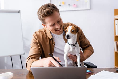 man writing at a desk with a Jack Russel Terrier on his lap